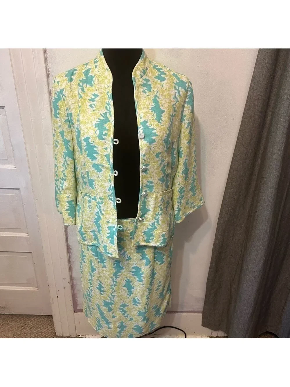 Vintage Pendleton Women’s Suit Skirt Floral Small Green Blue Linen Rayon Career